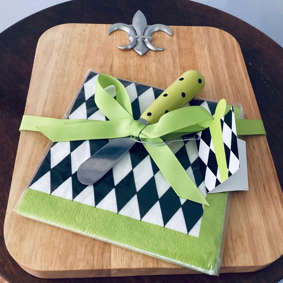 Fleur De Lis Cheese Board & Cheese Spreader Napkin Bamboo Gift Set NEW, - Picture 4 of 4